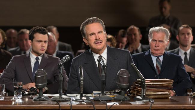 Alden Ehrenreich, Warren Beatty and Martin Sheen in a scene from Rules Don't Apply.