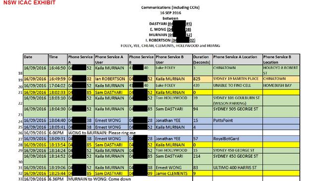 ICAC document shows the phone records of Kaila Murnain, Sam Dastyari and Ernest Wong on 16 September 2016 when an alleged clandestine meeting was held outside NSW State Parliament. Picture: Supplied