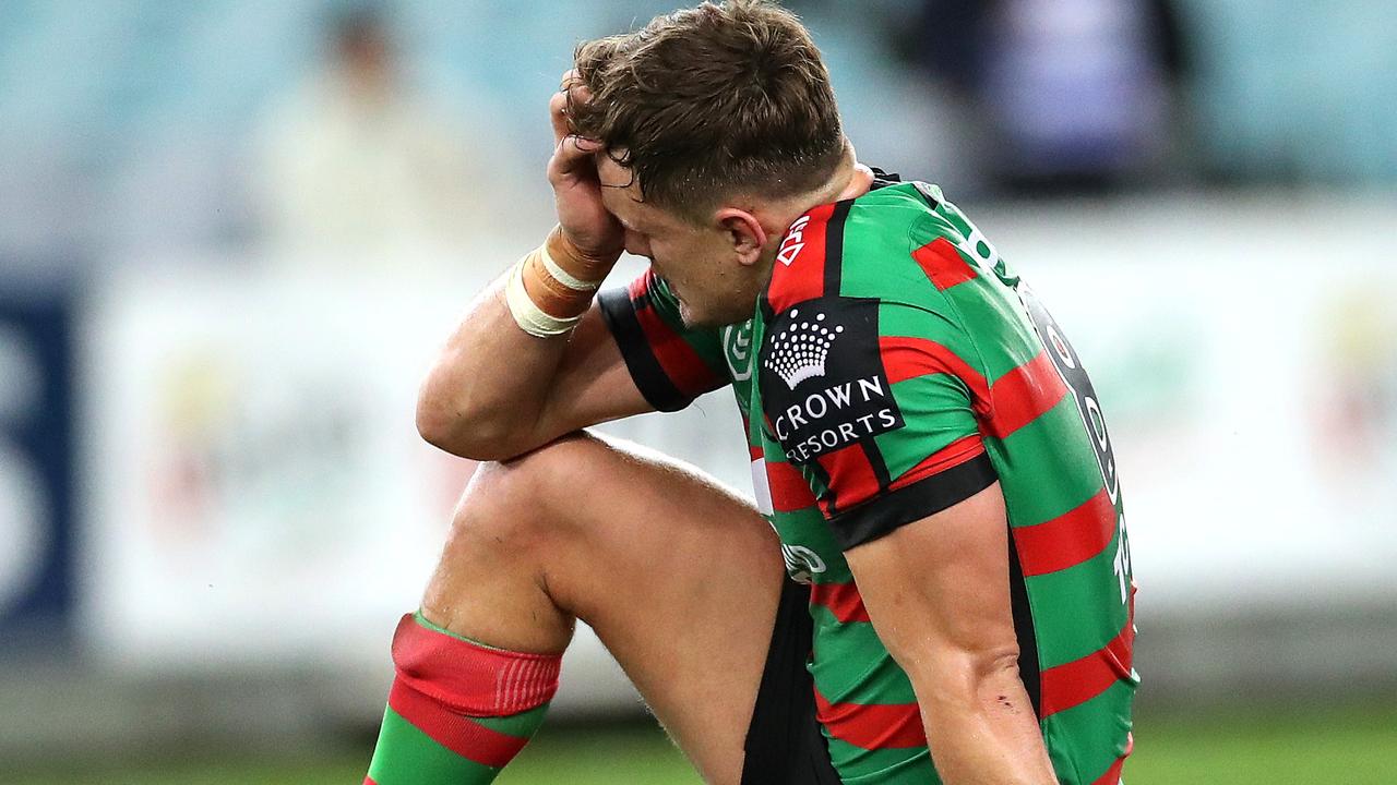 Dejected Rabbitoh's Liam Knight during NRL match between the South Sydney Rabbitohs and Canterbury Bulldogs at ANZ Stadium. Picture. Phil Hillyard