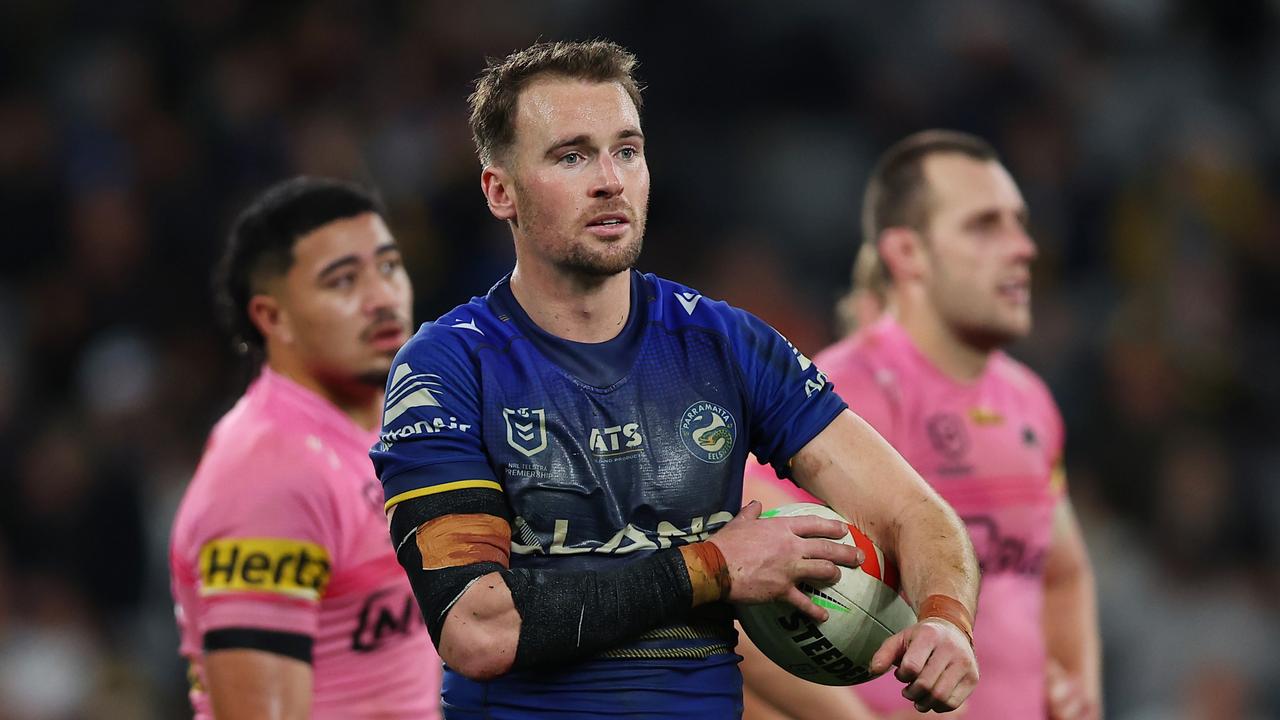 SYDNEY, AUSTRALIA – AUGUST 09: Clint Gutherson of the Eels reacts during the round 23 NRL match between Parramatta Eels and Penrith Panthers at CommBank Stadium, on August 09, 2024, in Sydney, Australia. (Photo by Jeremy Ng/Getty Images)