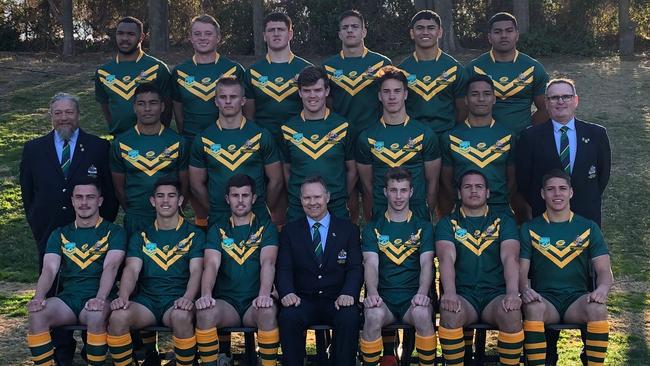 The 2019 Australian Schoolboys rugby league team featuring Lachlan Gale (back row, second from left) and Thomas Giles (centre of middle row). Picture: Facebook