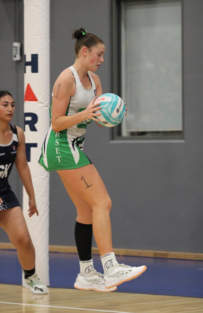 QISSN 2024 division one grand final - Canterbury College v Somerset College. Pictured: GA Marley Burns and GK Kaitlyn Iva