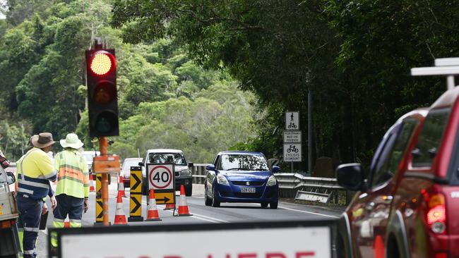 The Kuranda River bridge on the Kennedy Highway is be operating as a single lane, with road traffic controllers operating traffic lights from 9am to 3pm, as RoadTek engineers check the structural integrity of the roadworks. Picture: Brendan Radke