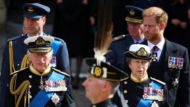 King Charles III (L), Princess Anne (R), Prince William (back L), and Prince Harry (back R), outside Westminster Abbey after the Queen’s State Funeral Service in London in September.