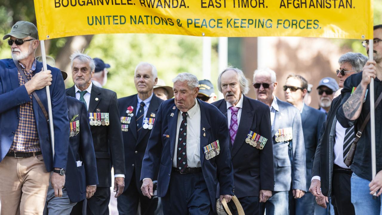 Vietnam veterans march to the Mothers' Memorial for the mid-morning Toowoomba Anzac Day service, Tuesday, April 25, 2023. Picture: Kevin Farmer