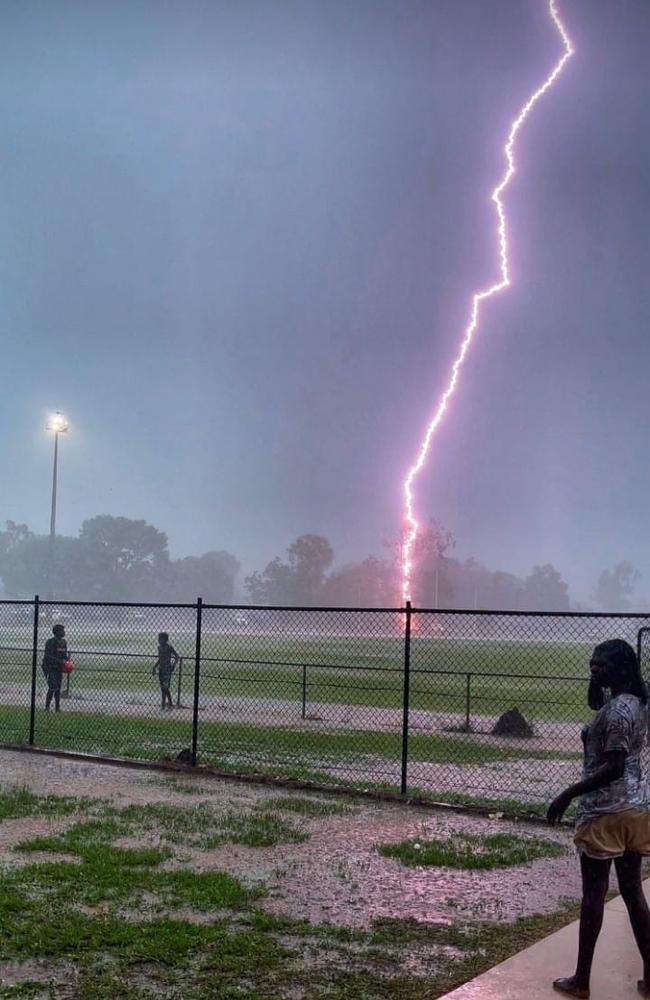 Picture of one of the lightning strikes that his the oval during half time of the NTFL match between Tiwi Bombers and Palmerston Magpies. Picture: Troy Ammerlaan (NTFL Umpire).