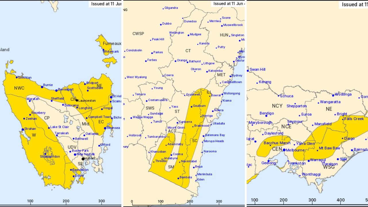 The severe weather warnings in place for the southeastern corner. Picture: BOM