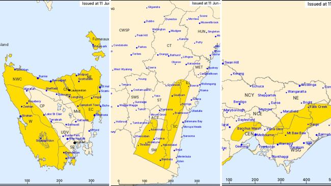 The severe weather warnings in place for the southeastern corner. Picture: BOM