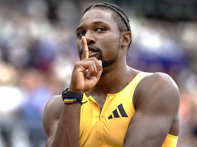 LONDON, ENGLAND: JULY 20:  Noah Lyles of the United States celebrates his win the 100m for men competition during the Wanda Diamond League, London Athletics Meet at the London Stadium on July 20th, 2024, London, England. (Photo by Tim Clayton/Corbis via Getty Images)