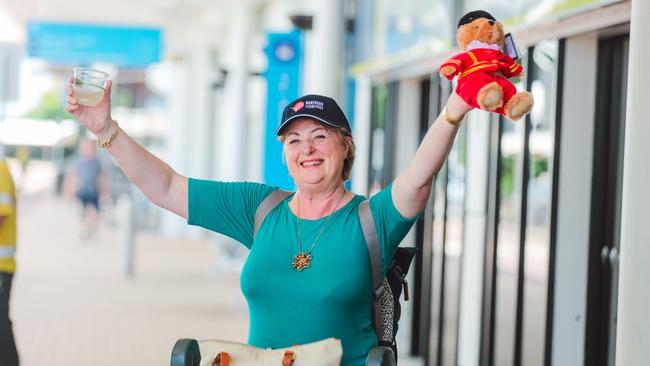 Jan Smith clears customs as the first Qantas international flight out of London arrives in Darwin. Picture: Glenn Campbell