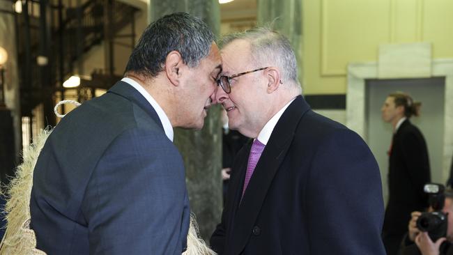 Anthony Albanese is greeted with a hongi. Picture: Getty Images