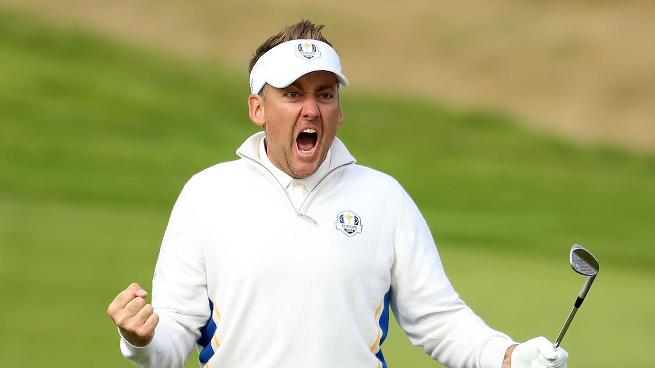AUCHTERARDER, SCOTLAND - SEPTEMBER 27: (EDITORS NOTE: Retransmission with alternate crop.) Ian Poulter of Europe celebrates chipping in on the 15th hole during the Morning Fourballs of the 2014 Ryder Cup on the PGA Centenary course at the Gleneagles Hotel on September 27, 2014 in Auchterarder, Scotland. (Photo by Ross Kinnaird/Getty Images)