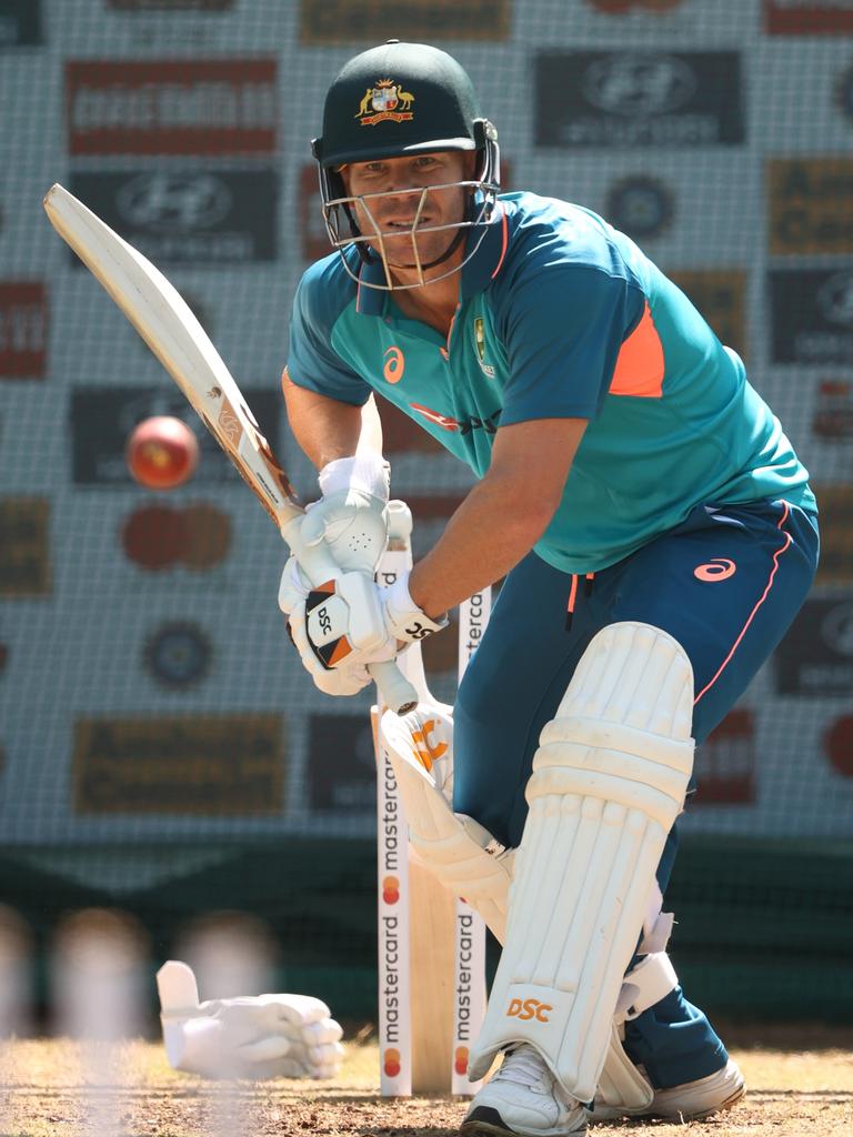 David Warner bats right handed in the nets. (Photo by Robert Cianflone/Getty Images)