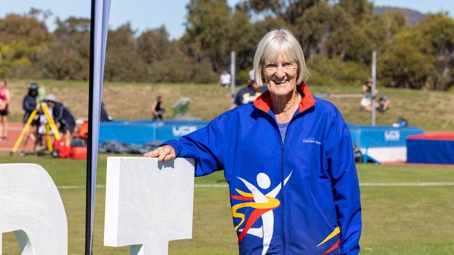 Masters Athletics tournament. Friday 29th March 2024 at the Domain Athletics centre Hobart. Miriam Cudmore aged 86 won the 100m sprint. Picture: Linda Higginson