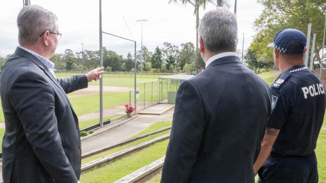 Moreton Mayor Peter Flannery, left, and Acting Police Inspector Shane Draper inspect some important copper wire at Bunya where surveillance is in place. Picture: MBRC