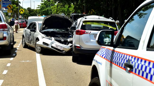 A stolen car has caused a four vehicle crash outside The Watermark on the Strand, Townsville. Picture: Alix Sweeney