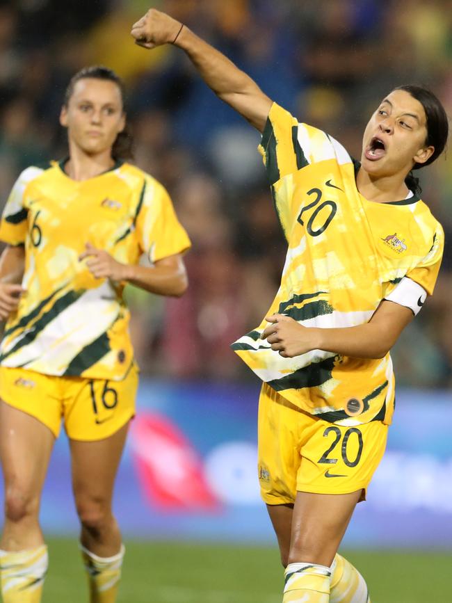 Sam Kerr of the Matildas celebrates a goal during the Women’s Olympic play-offs. Picture: Getty Images