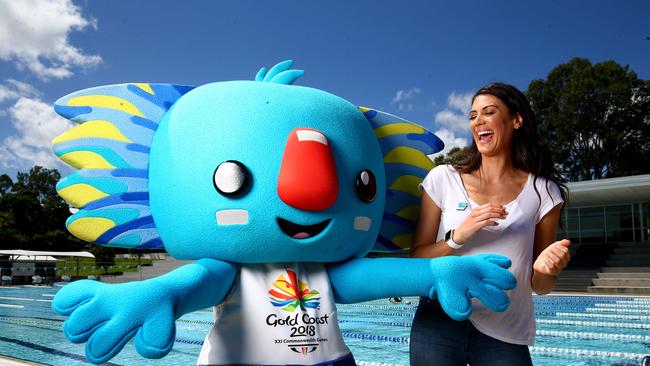 Commonwealth Games medalist Stephanie Rice joins with games macot Borobi to launch News Corp Australia's official 2018 Commonwealth Games Pin Collection at Somerset College on the Gold Coast. Pics Adam Head