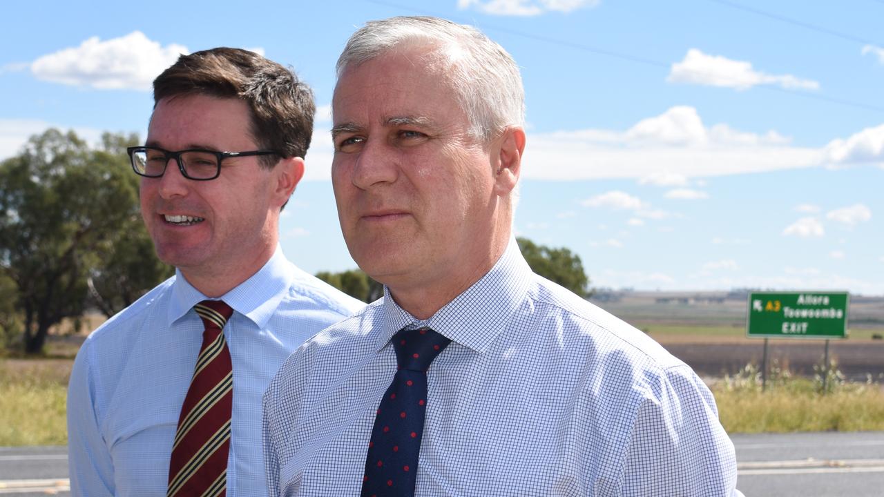 Member for Maranoa David Littleproud (left) and Deputy Prime Minister Michael McCormack calling out to the Queensland Government to apply for funding to upgrade the Eight Mile Intersection back in 2018.