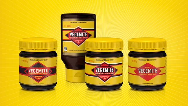 Vegemite is getting a makeover for its 100th birthday. The jars, from left to right, are inspired by the original, 1930s and 1960s Vegemite packaging. Picture: Vegemite.