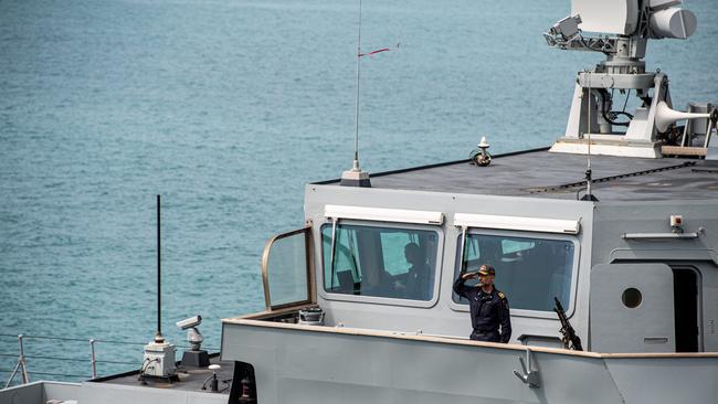 I. T. S Alpino passes by as Italian aircraft carrier ITS Cavour gave media a glimpse into what a standard few hours aboard the mammoth vessel looks like. Picture: Pema Tamang Pakhrin