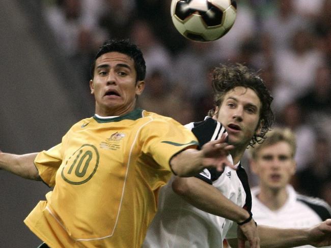 Socceroos striker Tim Cahill competes with Germany’s Torsten Frings at the 2005 Confederations Cup in Germany.