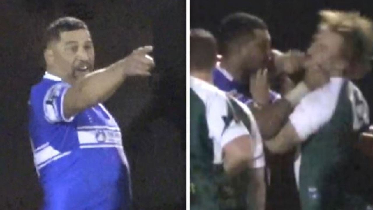 John Hopoate threatens an opponent (L) after coward-punching him in a confrontation