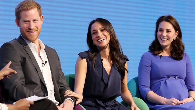 LONDON, ENGLAND - FEBRUARY 28:  Prince Harry, Meghan Markle and Catherine, Duchess of Cambridge attend the first annual Royal Foundation Forum held at Aviva on February 28, 2018 in London, England. Under the theme 'Making a Difference Together', the event will showcase the programmes run or initiated by The Royal Foundation.  (Photo by Chris Jackson - WPA Pool/Getty Images) ***BESTPIX***