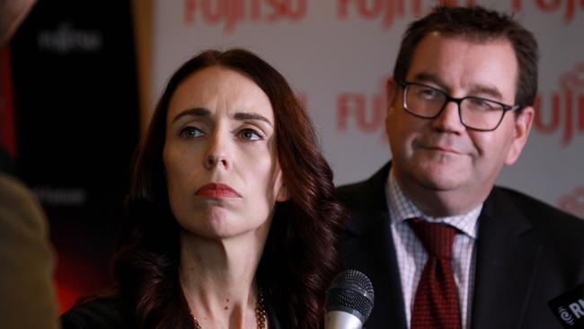 New Zealand Prime Minister Jacinda Ardern speaks to media alongside Minister of Finance Grant Robertson. Picture: Getty Images