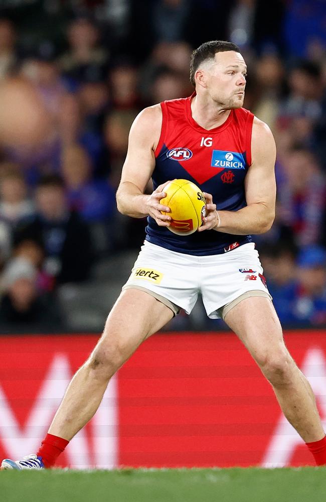 MELBOURNE, AUSTRALIA – AUGUST 02: Steven May of the Demons in action during the 2024 AFL Round 21 match between Footscray and the Melbourne Demons at Marvel Stadium on August 02, 2024 in Melbourne, Australia. (Photo by Michael Willson/AFL Photos via Getty Images)