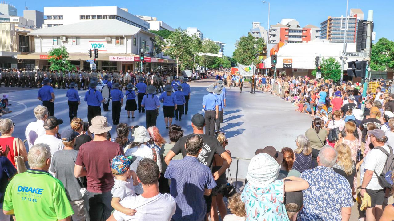 the march on Darwin's Knuckey St commemorating ANZAC Day 2021. Picture Glenn Campbell