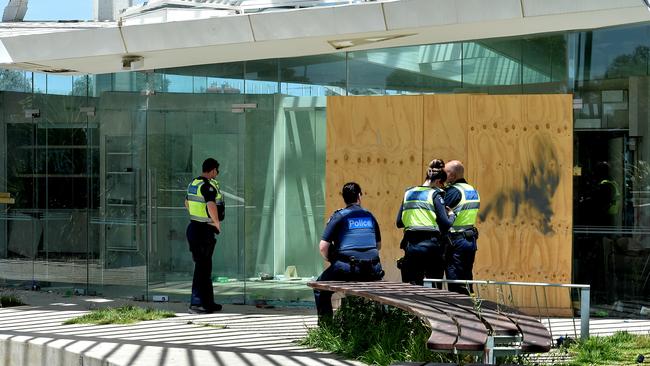 Police patrol the Ecoville Community Centre in Tarneit. Picture: Jay Town