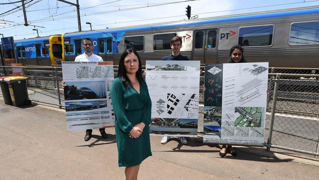 Hume Mayor Carly Moore with students Almin Mulic, Nathan Wright and Maria Sanjna at the Broadmeadows train station. Picture: Julian Smith