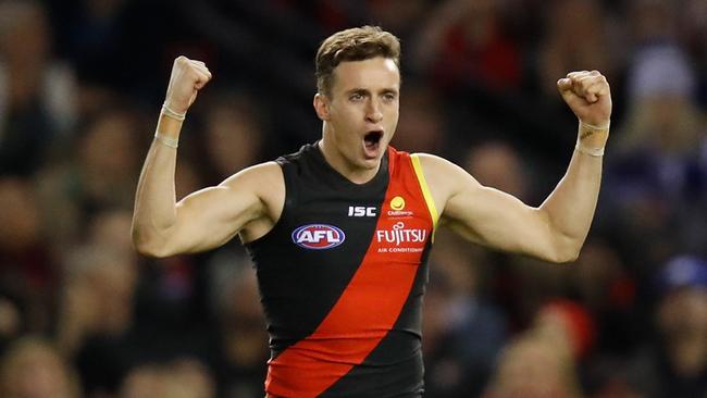 Orazio Fantasia celebrates a goal as the Bombers won their fifth match in six games. Picture: Michael Willson/AFL Media/Getty Images