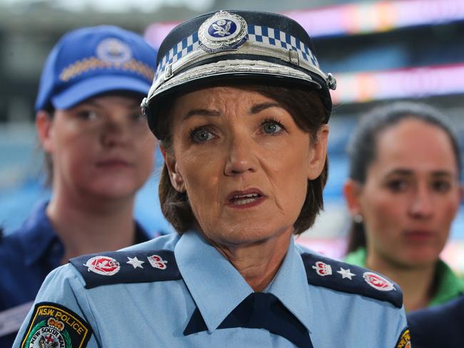 SYDNEY, AUSTRALIA : NewsWire Photos- AUGUST 13 2024. Police Commissioner Karen Webb speaks during a press conference in Sydney with Chris Minns, Premier of New South Wales, Yasmin Catley, Minister for Police and Steve Kamper, Minister for Sport join Joe Kelly, Sydney Roosters CEO, Kerrie Mather, Venues NSW CEO as well as Sydney Roosters players and Emergency Services Commissioners and representatives to announce the inaugural Sydney Roosters Emergency Services event.Picture: NewsWire / Gaye Gerard