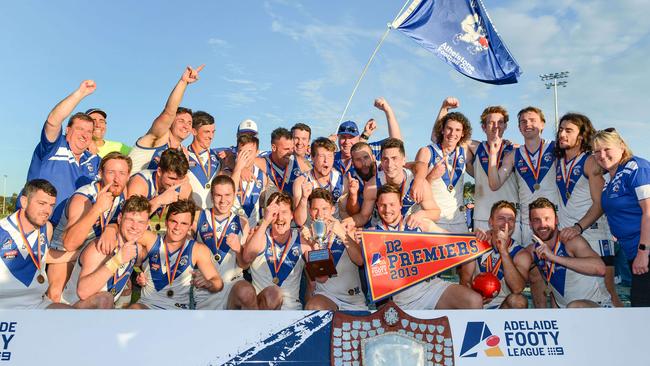 Athelstone celebrates after winning the division two grand final. Picture: AAP/ Brenton Edwards