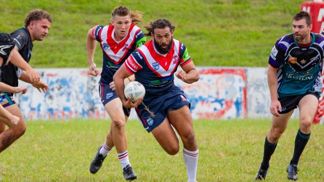 The Nambucca Roosters first grade team in action against the Taree City Bulls in a rugby league trial match on March 23, 2024. Picture: Nambucca Heads Roosters RLFC