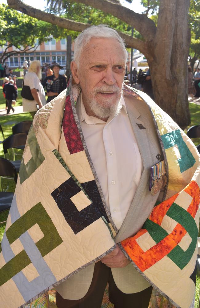 Vietnam War veteran Ray Johnson with his quilt.