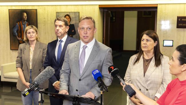 Steven Miles speaks after Monday’s extraordinary caucus meeting that voted to expel Labor MP Jimmy Sullivan. Picture: Richard Walker