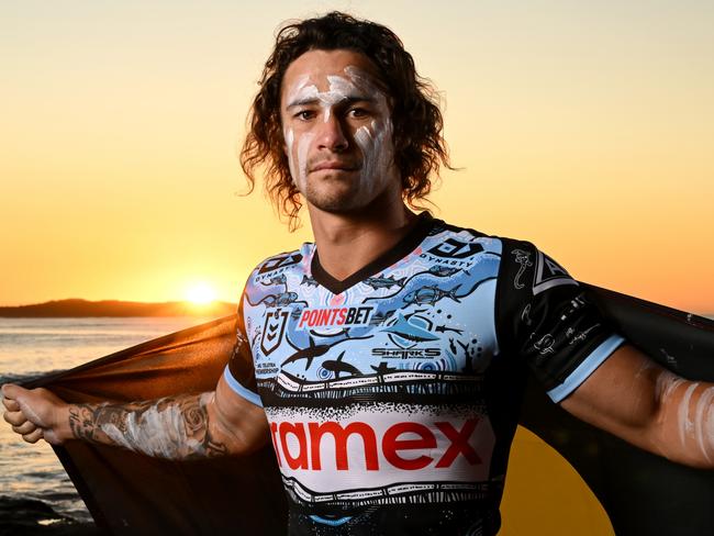 WARNING: NOT FOR USE BEFORE THURSDAY, MAY 26 Cronulla Sharks star Nicho Hynes at the beach as part of Indigenous round.  Digital image by Grant Trouville  © NRL Photos