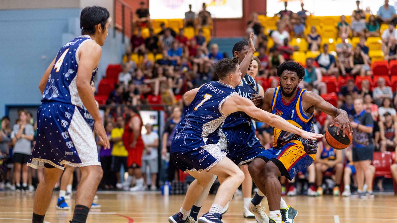 Jerron Jamerson is under pressure. Darwin Basketball Men's Championship Round 20: Ansett v Tracy Village Jets. Picture: Che Chorley