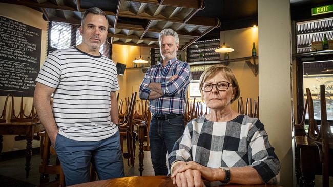 East End restaurant co-owner Frank Hannon-Tan with fellow city operators George Kasimatis (George’s on Waymouth) and Maria Favaro (Chianti) during the Covid lockdowns. Picture: Mike Burton