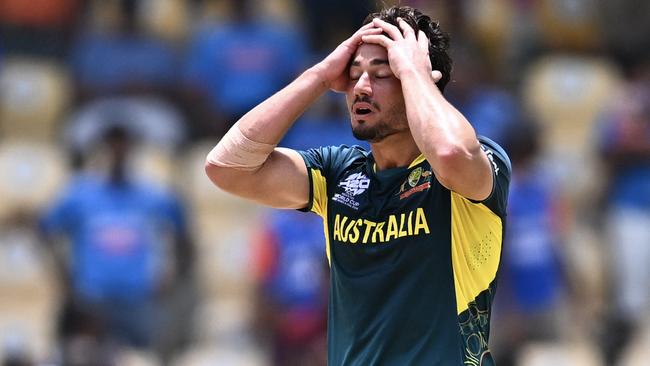 Australia's Marcus Stoinis reacts after dismissing India's Shivam Dube during the ICC men's Twenty20 World Cup 2024. Picture: Chandan Khanna / AFP