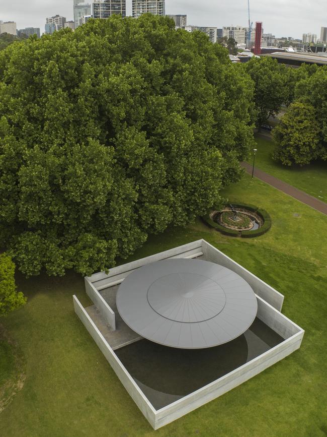 An aerial view of MPavilion 10, designed by Tadao Ando, located in the Queen Victoria Gardens in Melbourne. Picture: John Gollings