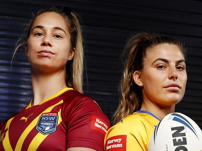 NRWL stars Kezzie Apps and Jess Sergis at the NSW Rugby League Centre of Excellence ahead of the City vs Country game at Bankwest Stadium on Saturday. Picture: Jonathan Ng