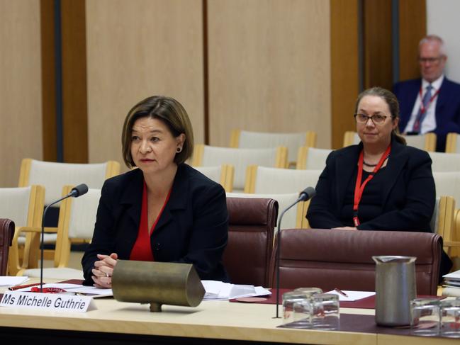 Former Managing Director Michelle Guthrie, at the inquiry in Parliament House in Canberra. Justin Milne is sat behind her in the room. Picture: Gary Ramage