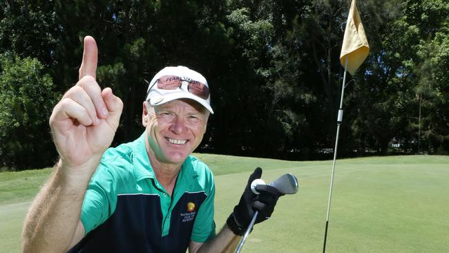 Cricket Umpire Bruce Oxenford celebrates a hole in one on the fifth hole at Surfers Paradise Golf Club. Picture: Glenn Hampson