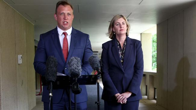 Opposition Leader Steven Miles and Shadow Treasurer Shannon Fentiman at a press conference last week following the release of a CCC report into Jackie Trad. Picture: David Clark