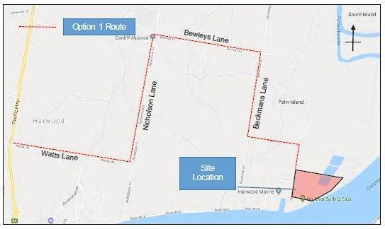 CONTROVERSIAL: The route for trucks carrying fill to the Harwood Marine shed site. Picture: Tim Howard