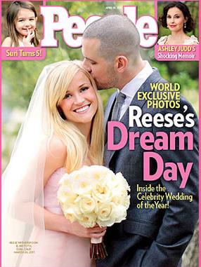 Reese Witherspoon in a pink dress on the cover of People magazine.